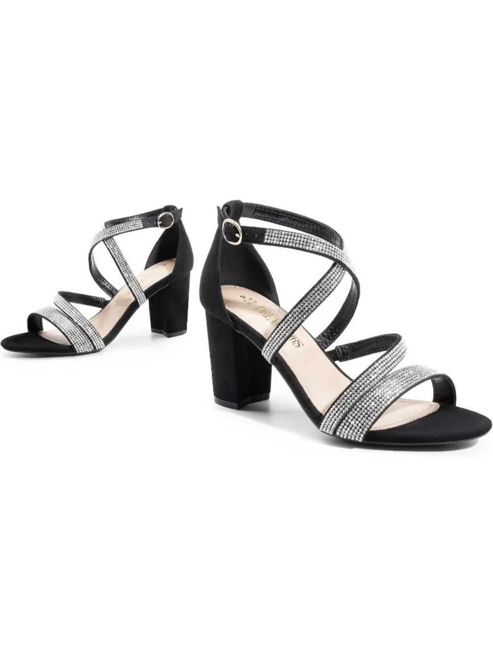 Women's Black Rhinestone Block Chunky Heels Sandals Open Toe Cross Straps Shoes